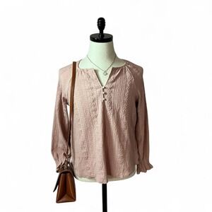 Frye Blush Pink Eyelet Long Sleeve Peasant Top Button Up ‎Coquette